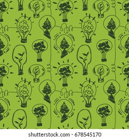 seamless pattern for environmental protection, ecology concept with lightbulb and plants inside, green colors, vector illustration in sketch style 