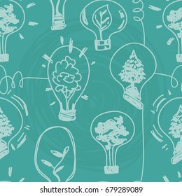 seamless pattern for environmental protection, ecology concept with lightbulb and plants inside, cold colors, vector illustration in sketch style 