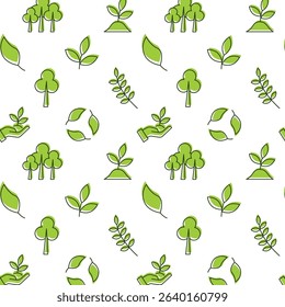 Seamless pattern of environmental symbols, green images of trees, leaves, branches, shoots on a hill, hands holding a plant, and circles with a recycling symbol made in the form of leaves.