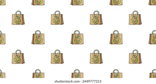 Seamless pattern with environmentally friendly paper bag with recycling symbol doodle vector