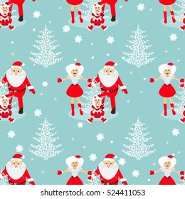 seamless pattern. EPS 10 vector illustration. used for printing, websites, design Christmas theme. tree from snowflakes on a blue background with Santa Claus and baby and Mrs. Santa Claus blonde