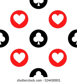 seamless pattern. EPS 10 vector illustration. used for printing, websites, design, 
ornamentation, interior, fabrics, etc. white hearts and clubs on a black and red bowl on a white background