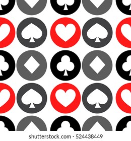seamless pattern. EPS 10 vector illustration. used for printing, websites, design, ornamentation, etc. white diamond in the gray circle poker suit heart in a red circle, club in the black circle.