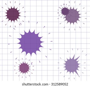 Seamless pattern, EPS10 Illustration. Stylized vector ink stains on the checkered paper. Blue ink spot splash, vector stains background