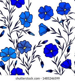 Seamless pattern, eps10 vector illustration. Flax flowers. hand drawing