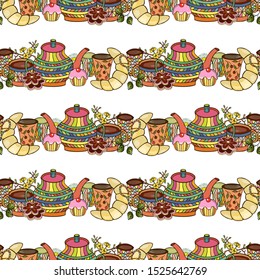 seamless pattern. eps10 vector illustration. teapot, cups, flowers still life. hand drawing.