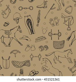 Seamless pattern with equestrian doodles on pale brown paper. EPS 10.