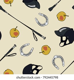 seamless pattern equestrian sport whip helmet horseshoe apple