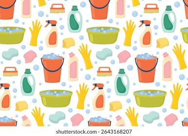 Seamless pattern with equipment for cleaning. Bright background with housekeeping elements and soap bubbles