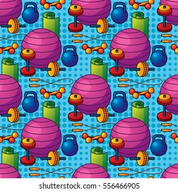 Seamless pattern of equipment for gym. Colorful wallpaper of  equipment for fitness workout.