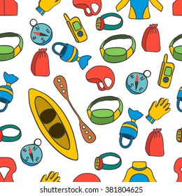 Seamless pattern with equipment for kayaking. Extreme sport illustration.