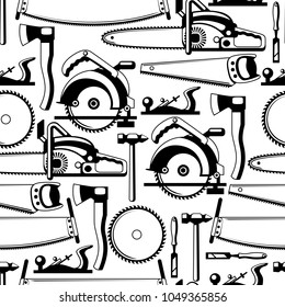 Seamless pattern with equipment and tools for forestry and lumber industry.