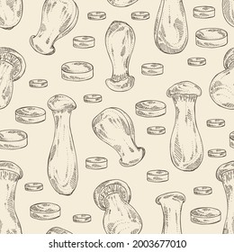 Seamless pattern with eringi: eringi mushrooms and piece of mushroom. Pleurotus eryngii. Vector hand drawn Mushroom illustrations