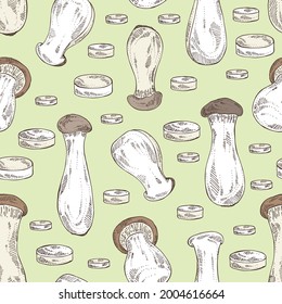 Seamless pattern with eringi: eringi mushrooms and piece of mushroom. Pleurotus eryngii. Vector hand drawn Mushroom illustrations