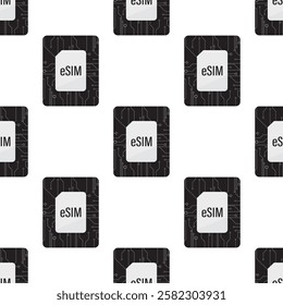 Seamless pattern with esim, embedded sim card, texture pattern. Electronic sim phone new mobile communication technology. Wallpaper template. Digital card microchip smartphone gsm. vector Illustration