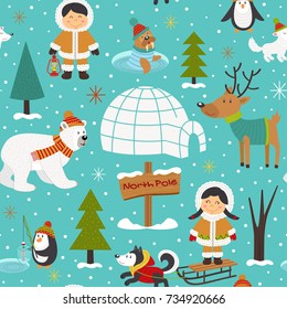 seamless pattern with Eskimos and arctic animals - vector illustration, eps
