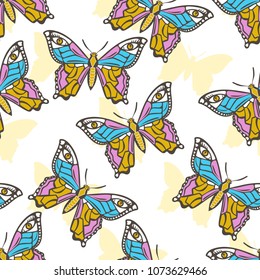 Seamless pattern with esoteric butterfly on a white background. Natural butterflies with eyes on the wings.
