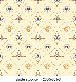 Seamless pattern with esoteric celestial symbol of evil eye with moon phases moon. Hamsa magical eye, decor element. Vector illustration