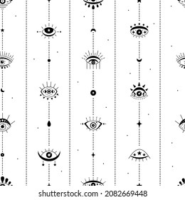 Seamless pattern with esoteric celestial symbol of evil eye with moon phases moon. Hamsa black magical eye, decor element. Vector illustration