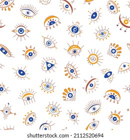 Seamless pattern with esoteric celestial symbol of evil eye with moon phases moon. Hamsa magical eye, decor element. Vector illustration