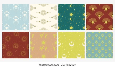 Seamless pattern with esoteric elements. Minimalistic magic witchcraft collection