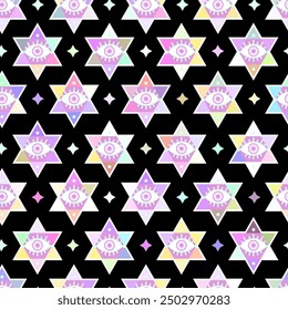 Seamless pattern of esoteric hexagonal symbols on a black background