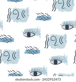 Seamless pattern with esoteric symbols. Abstract vector illustration. Hand drawn minimalistic background with stylized face, eye, textures. 