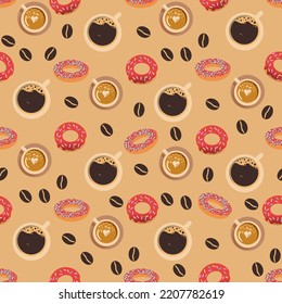 Seamless pattern with espresso coffee, donuts, coffee beans