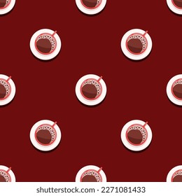 Seamless Pattern Espresso coffee with foam in a red cup and saucer. Top view, vector cartoon illustration in a flat style.