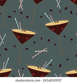 Seamless pattern with espresso martini cocktail in cartoon style