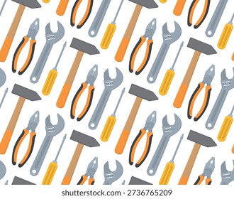 Seamless pattern with essential hand tools. Background of screwdriver, adjustable wrench, pliers, and hammer. 