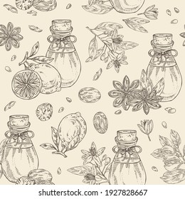 Seamless pattern with essential oil: neroli oil, star anise, lime oil and nut meg. Cosmetic, perfumery and medical plant. Vector hand drawn illustration.