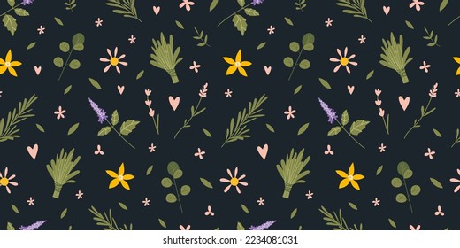 Seamless pattern with essential oil plants and herbs on a black background, cartoon style. Concept of nature aromatherapy. Trendy modern vector illustration, hand drawn, flat