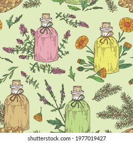 Seamless pattern with essential oils: calendula oil, thyme essential oil, verbena oil, spruce. Cosmetic, perfumery and medical plant. Vector hand drawn illustration