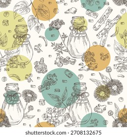 Padrão sem emenda com óleos essenciais: óleo essencial de cnidium, óleo de guduchi, cortiça de amur, óleo essencial de eleampano. Planta cosmética, perfumaria e médica. Ilustração desenhada à mão vetorial