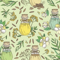 Seamless Pattern With Essential Oils: Gardenia Flower Essential Oil, Tansy Flower, Tarragon Oil, Cumin Essential Oil. Cosmetic, Perfumery And Medical Plant. Vector Hand Drawn Illustration.