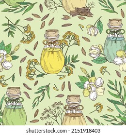Seamless pattern with essential oils: gardenia flower essential oil, tansy flower, tarragon oil, cumin essential oil. Cosmetic, perfumery and medical plant. Vector hand drawn illustration.