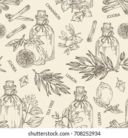 Seamless pattern with essential oils: of jojoba,cinnamon, lemon and essential oil of tea tree. Cosmetic, perfumery and medical. Vector set hand drawn illustration