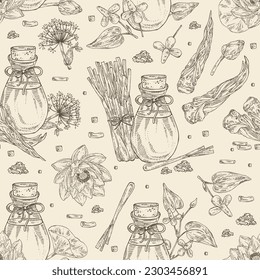Seamless pattern with essential oils: lotus flowers essential oil, angelica sinensis root, lemongrass plant oil, houttuynia flowers essential oil. Cosmetic, perfumery and medical plant.