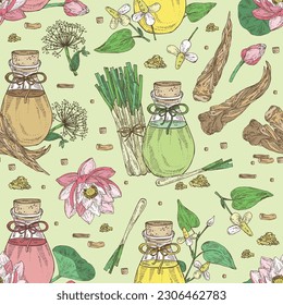 Seamless pattern with essential oils: lotus flowers essential oil, angelica sinensis root, lemongrass plant oil, houttuynia flowers essential oil. Cosmetic, perfumery and medical plant.
