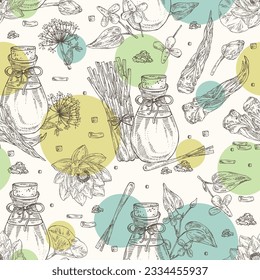 Seamless pattern with essential oils: lotus flowers essential oil, angelica sinensis root, lemongrass plant oil, houttuynia flowers essential oil. Cosmetic, perfumery and medical plant.