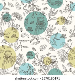 Seamless pattern with essential oils: melissa essential oil, dill seeds, flax oil, tea leaves essential oil. Cosmetic, perfumery and medical plant. Vector hand drawn