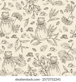 Seamless pattern with essential oils: melissa essential oil, dill seeds, flax oil, tea leaves essential oil. Cosmetic, perfumery and medical plant. Vector hand drawn