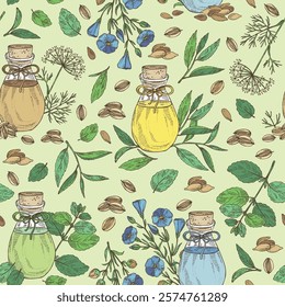 Seamless pattern with essential oils: melissa essential oil, dill seeds, flax oil, tea leaves essential oil. Cosmetic, perfumery and medical plant. Vector hand drawn