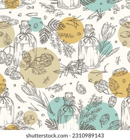 Patrón sin soldadura con aceites esenciales: mimosa flor aceite esencial, frijol de tonka, aceite de lúpulo, aceite esencial de flor de azafrán. Cosmética, perfumería y planta médica. Ilustración dibujada a mano por vectores.