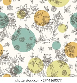 Seamless pattern with essential oils: passiflora flowers oil, larix oil, hedera , polianthes tuberosa essential oil. Cosmetic, perfumery and medical plant. Vector hand drawn illustration