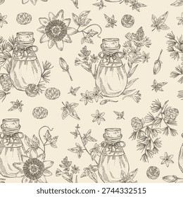 Seamless pattern with essential oils: passiflora flowers oil, larix oil, hedera , polianthes tuberosa essential oil. Cosmetic, perfumery and medical plant. Vector hand drawn illustration