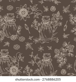 Seamless pattern with essential oils: passiflora flowers oil, larix oil, hedera , polianthes tuberosa essential oil. Cosmetic, perfumery and medical plant. Vector hand drawn illustration
