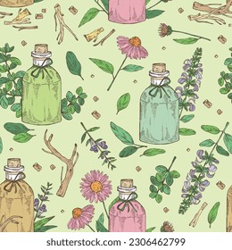 Seamless pattern with  essential oils: sage essential oil, echinacea, marjoram essential oil and baikal skullcap. Cosmetic, perfumery and medical plant. Vector hand drawn illustration.