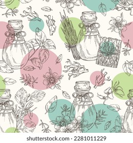 Seamless pattern with essential oils: vetiver root essential oil, manuka flower, basil oil, hamamelis virginiana flowers essential oil. Cosmetic, perfumery and medical plant. Vector 